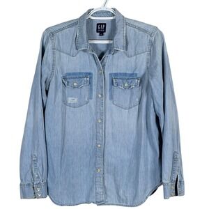 Gap Denim Western Pearl Snap Shirt Women M Blue Light Wash‎ Snap Front Cotton
